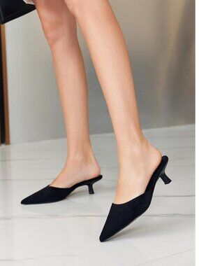 Women's Black Kitten Low Heels Closed Pointed Toe Pumps Backless Shoes